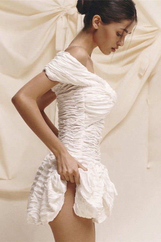 Off Shoulder Ruched Twist Front Ruffle Bow Mini Party Dress