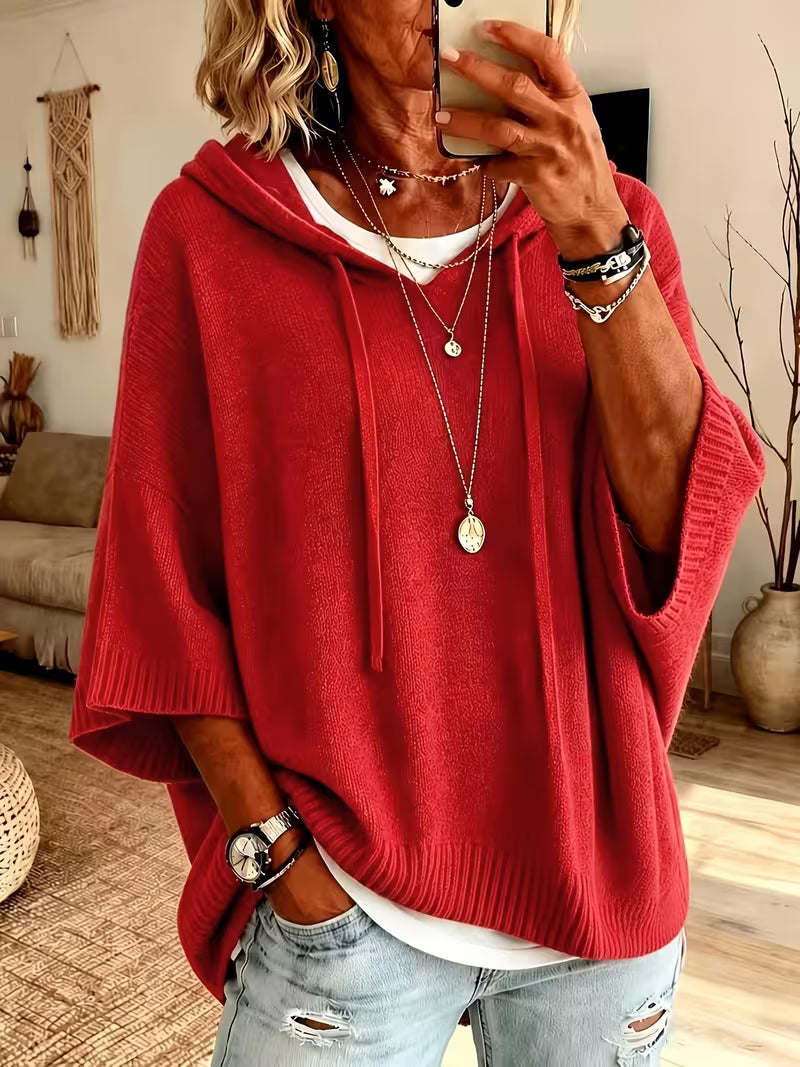 Hooded Drawstring Oversized Knit Poncho Sweater