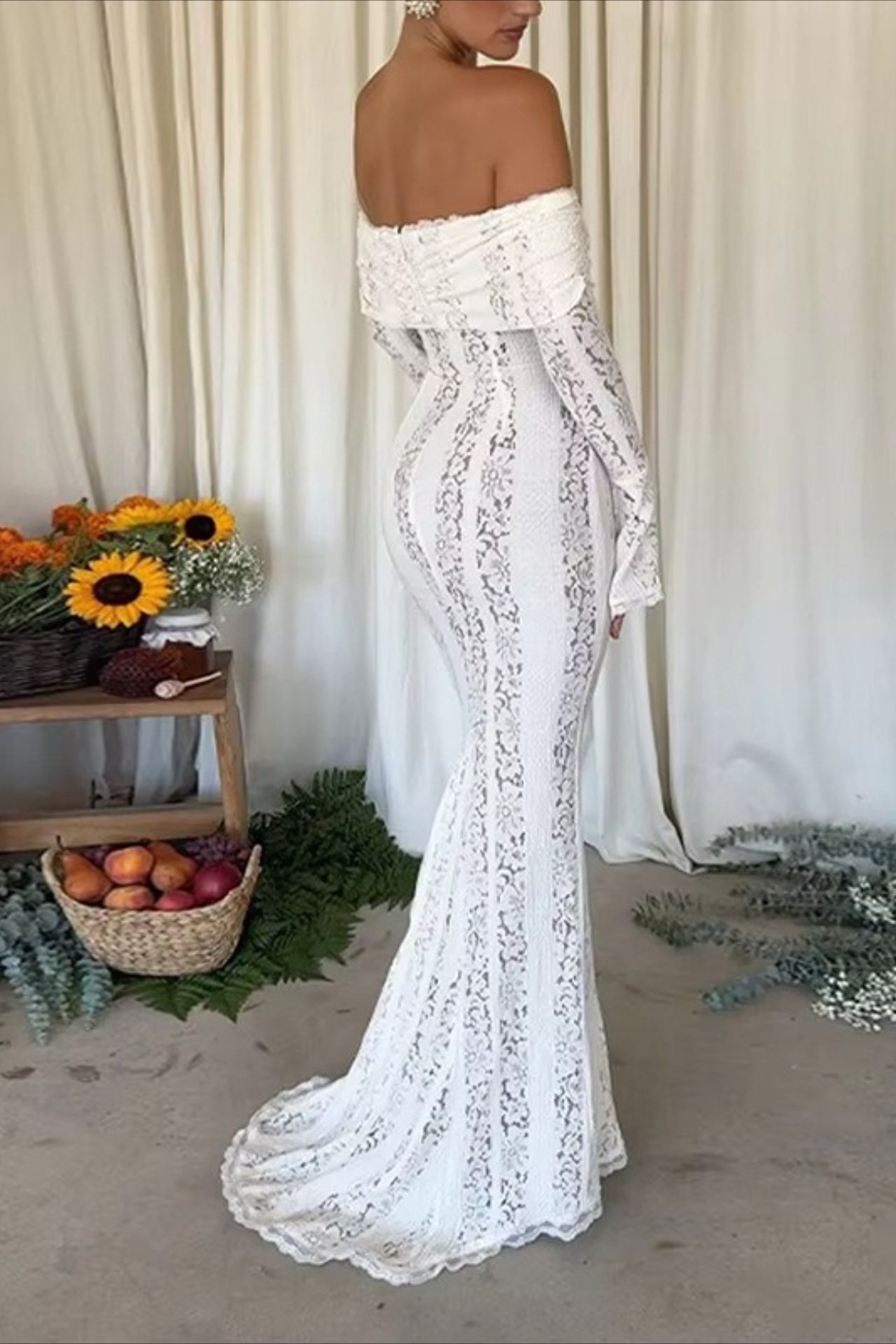 High-Waist Off-the-Shoulder Lace Dress