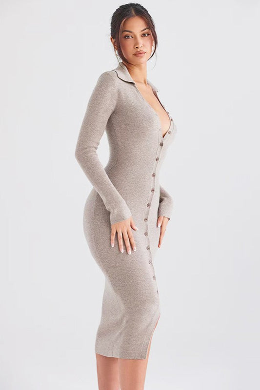 CoreSpun Yarn Knit VNeck LongSleeve Bodycon Midi Sweater Dress