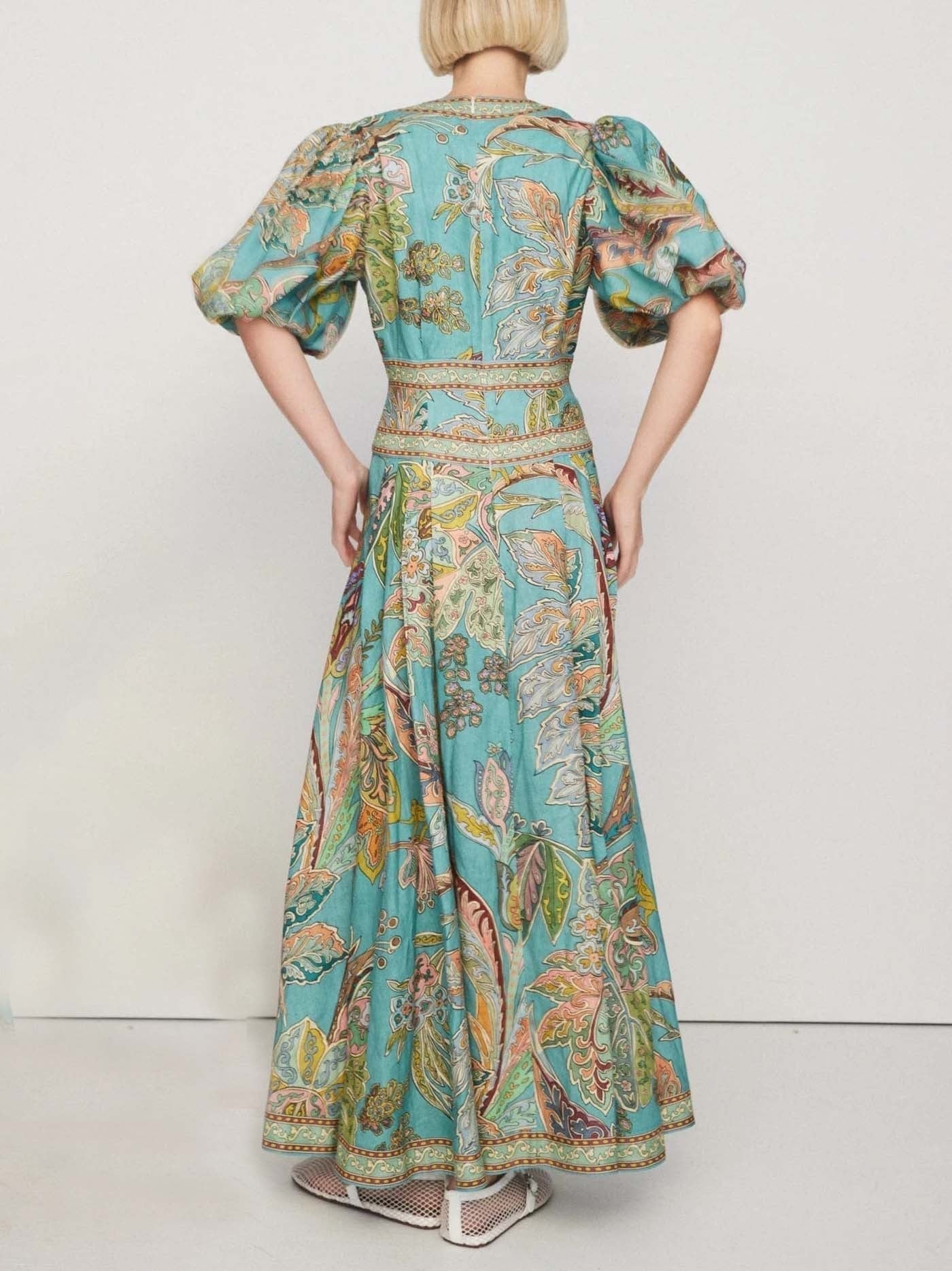 Satin Floral Print Puff Sleeve Midi Dress