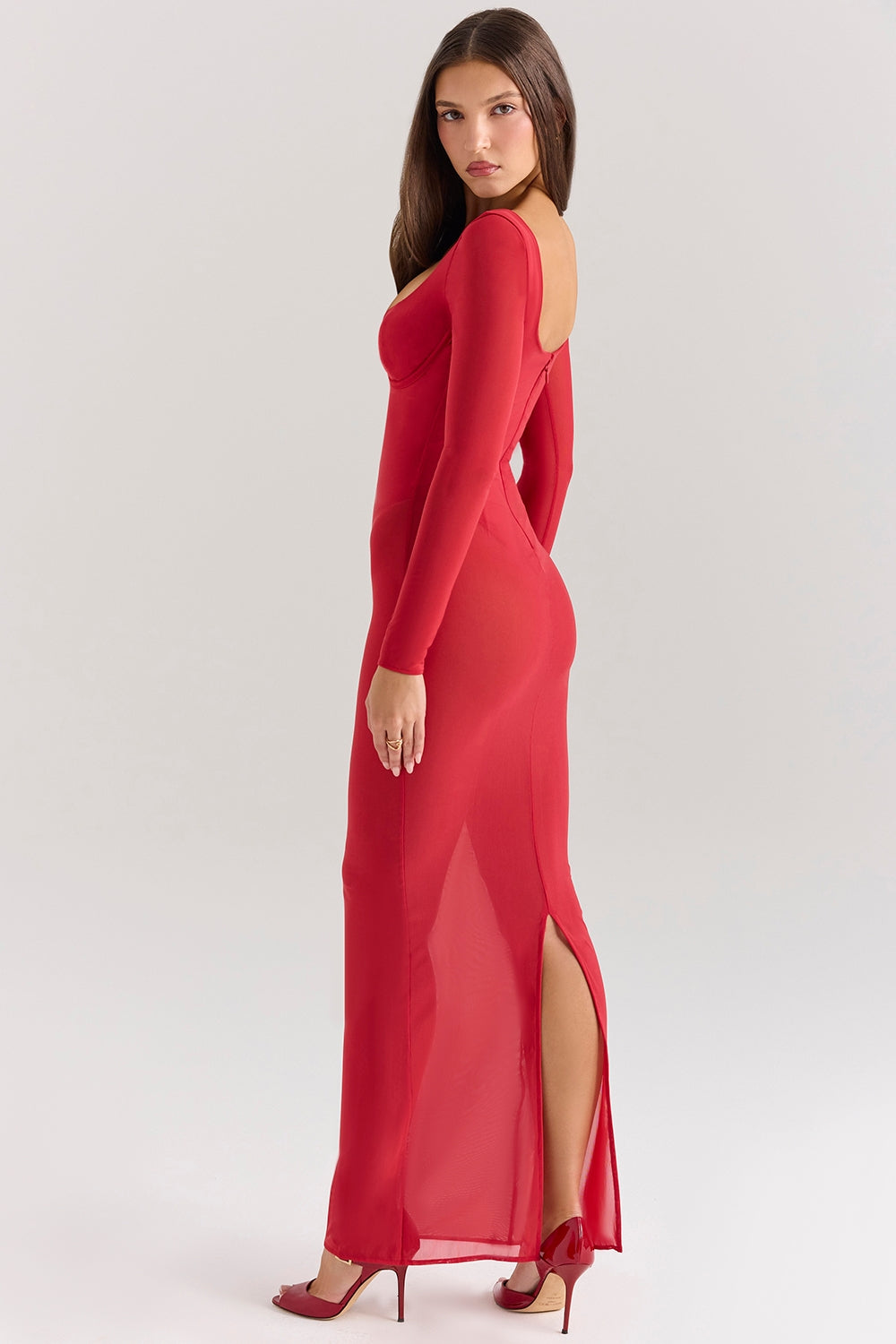 Sheer Mesh Square Neck Long Sleeve Bodysuit Lined Maxi Dress 5