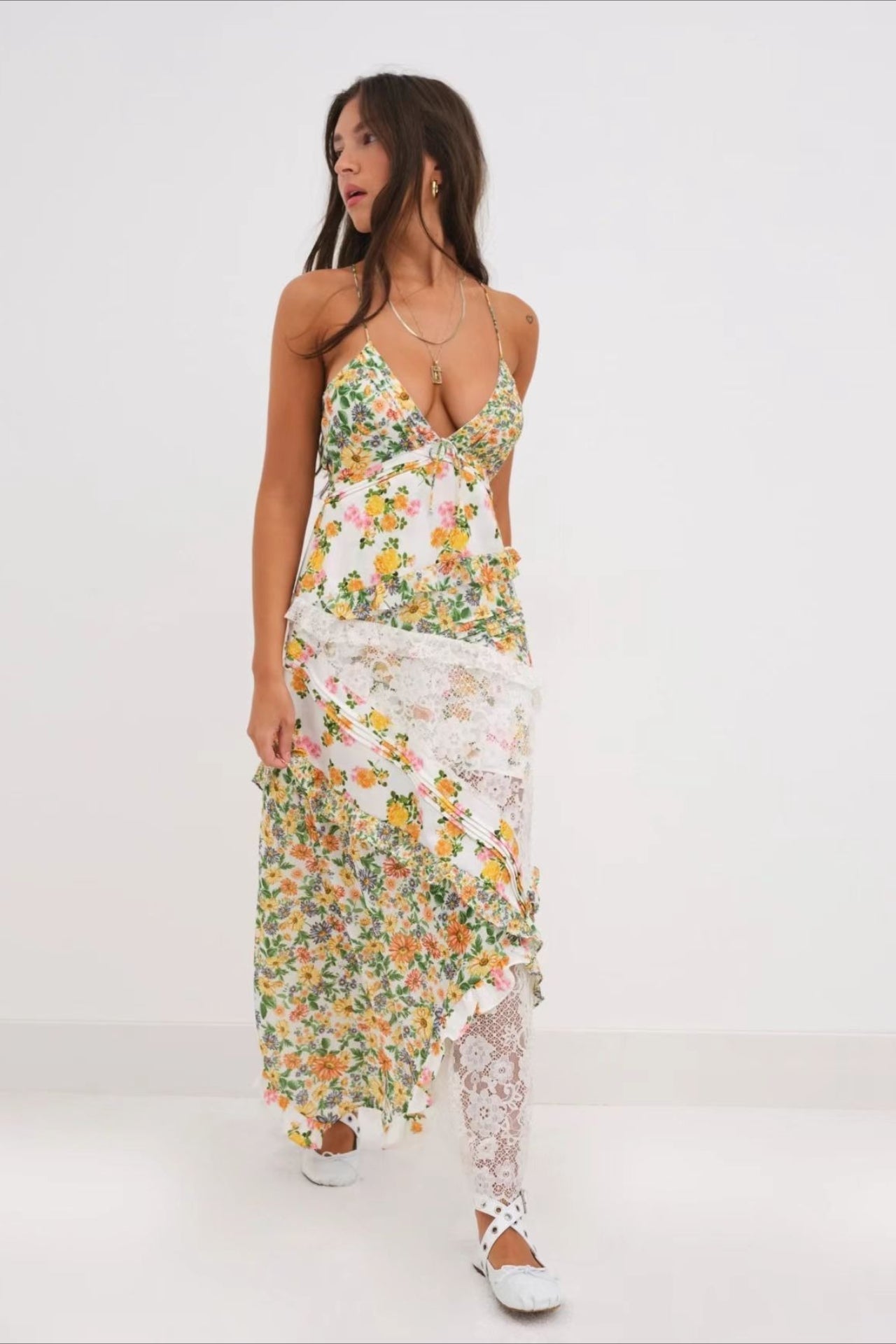 Floral Lace Deep V-Neck Spaghetti Strap Maxi Dress 15