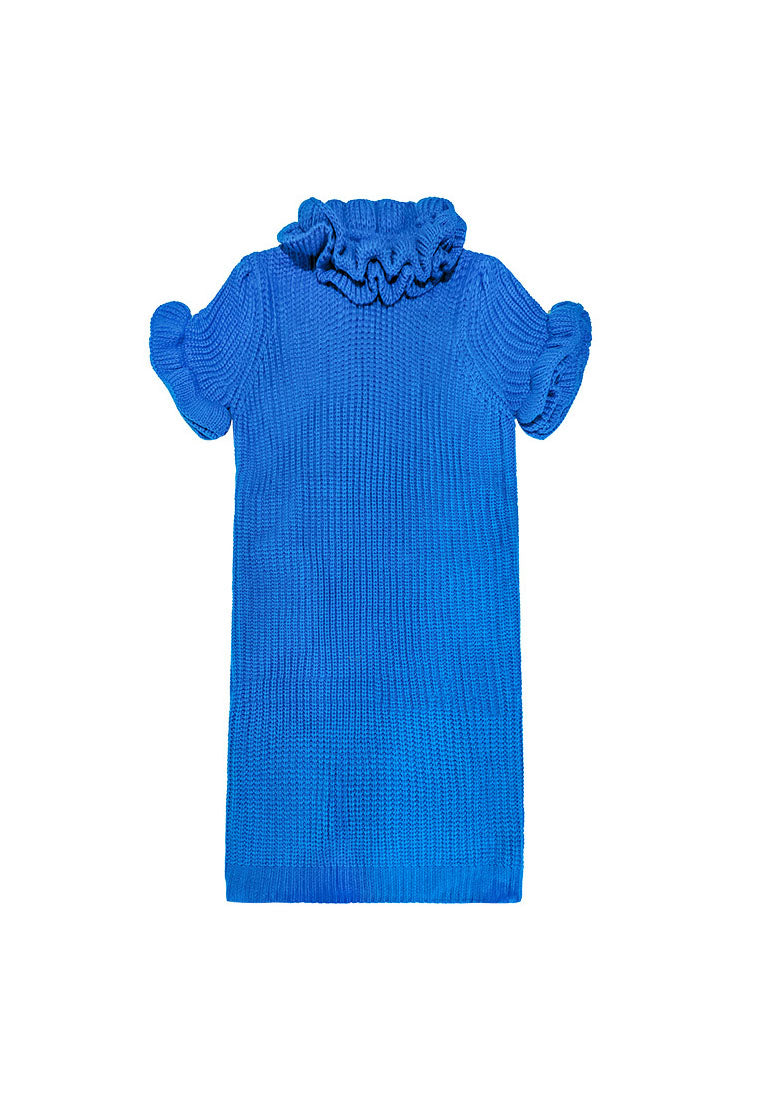 Rib Knit Ruffle Mock Neck Puff Sleeve Oversized Shift Maxi Dress