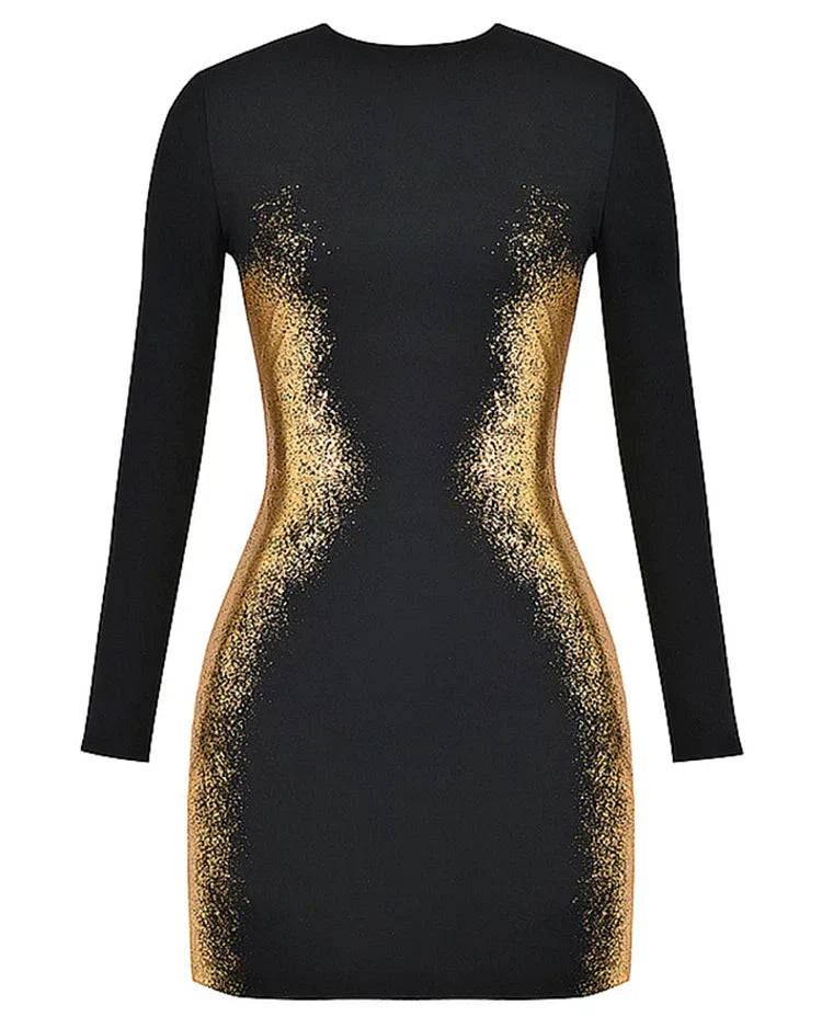 Ombre Print Round Neck Long Sleeve Bodycon Mini Dress