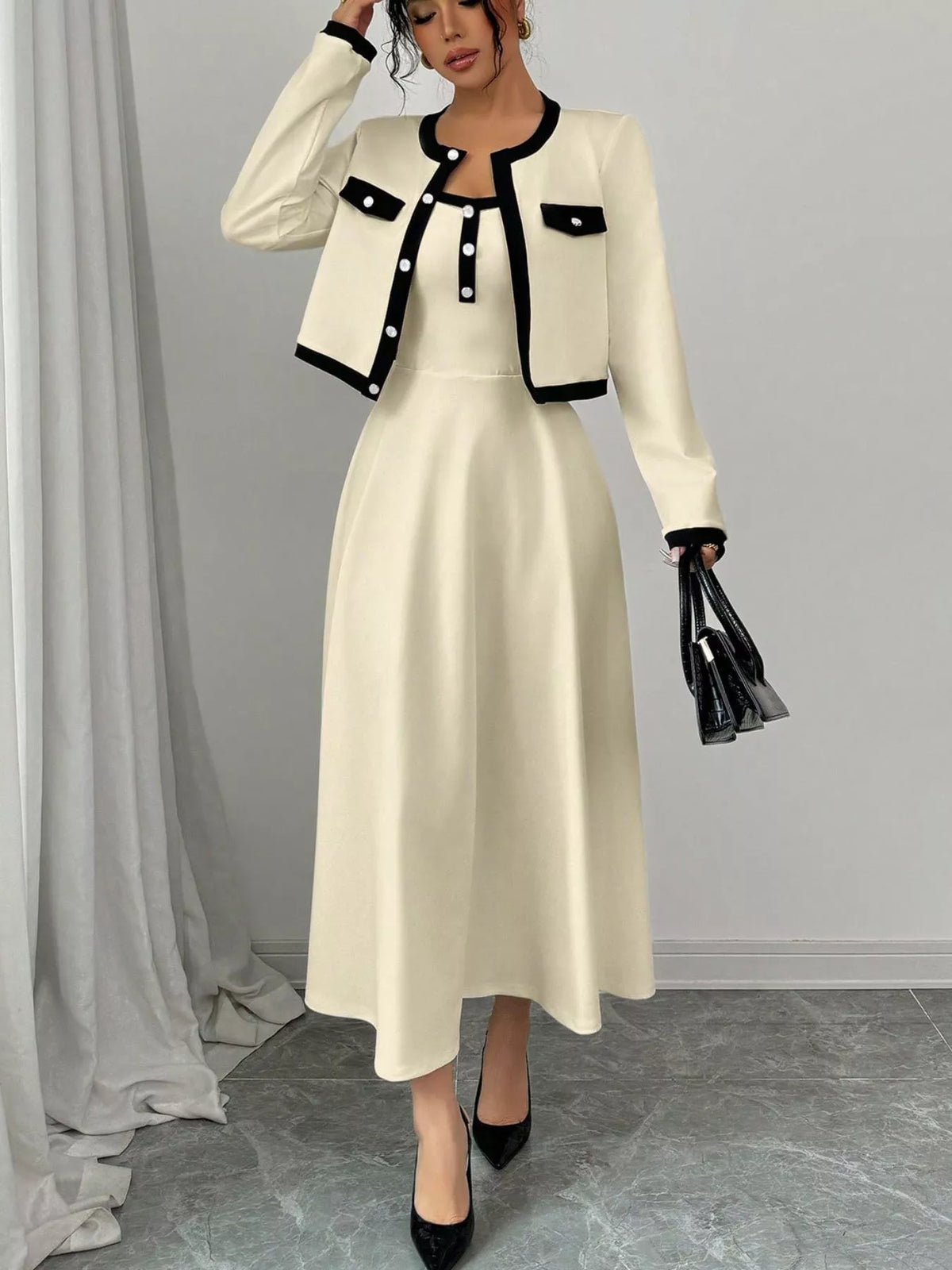 Contrast Trim Cropped Jacket and Sleeveless A-Line Midi Dress Two Piece Set