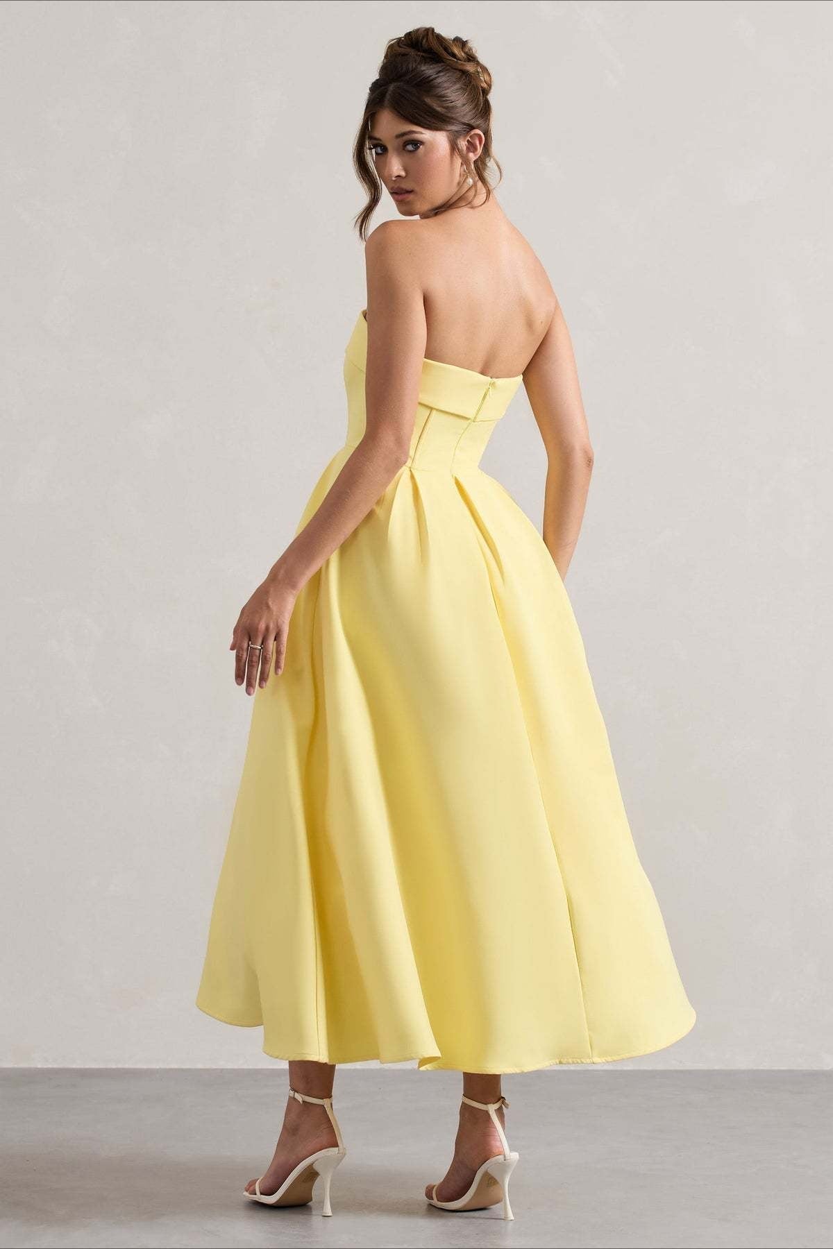 Strapless Fold Over Neck Box Pleat A-Line Midi Cocktail Dress