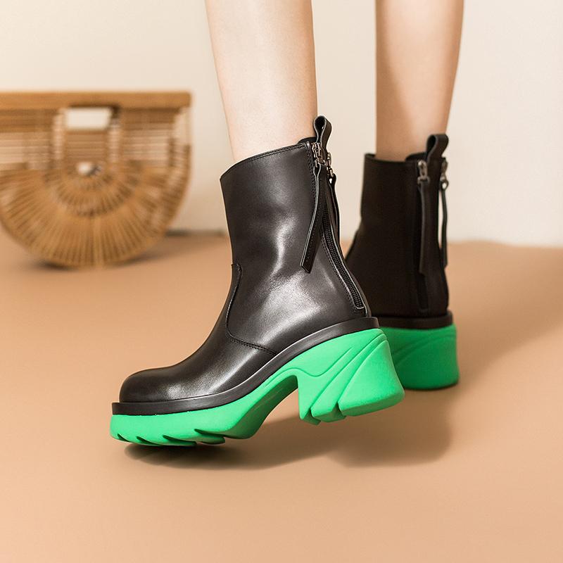 Colorful Sole Leather Short Boots Chunky Riding Boots High Heel Back Zip