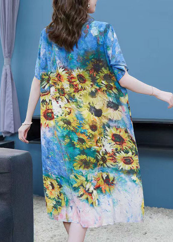Sunflower Art Print Round Neck Short Sleeve Midi Shift Dress