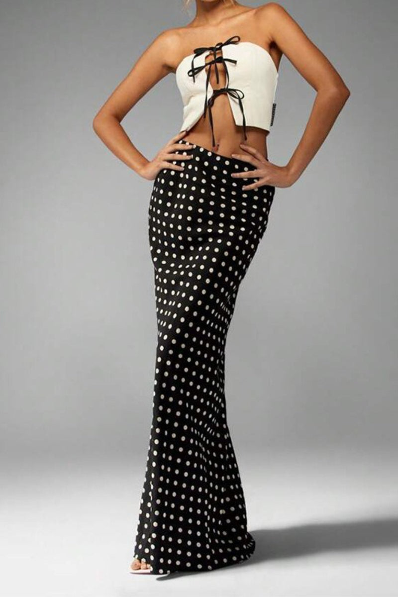 Polka Dot High Waist Fitted Mermaid Maxi Skirt