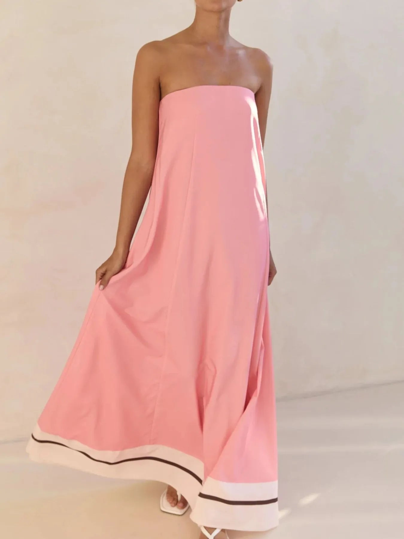 Smocked Printed Tube Maxi Dress Pink Stripes