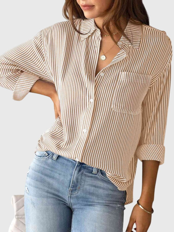 Striped Collared Three Quarter Sleeve Button Front Shirt