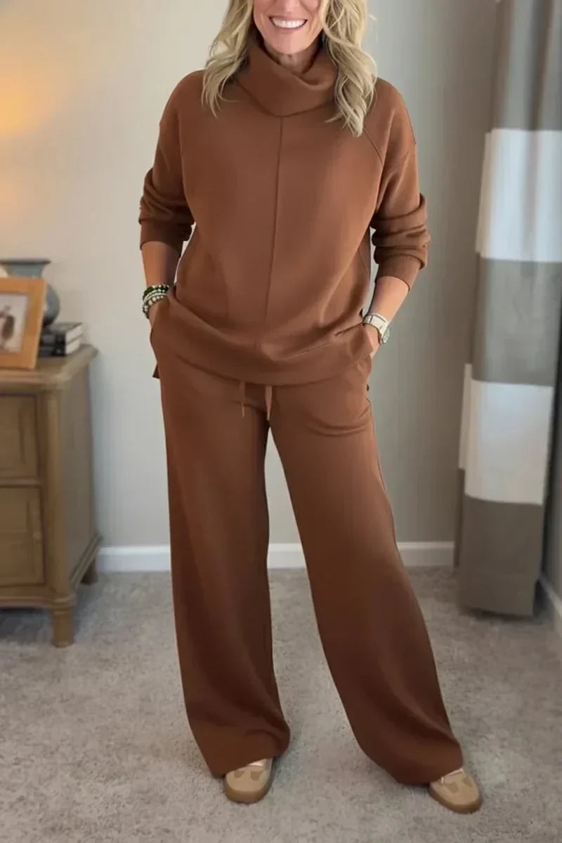 Cowl Neck Long Sleeve Top and Wide Leg Pants Two Piece Set