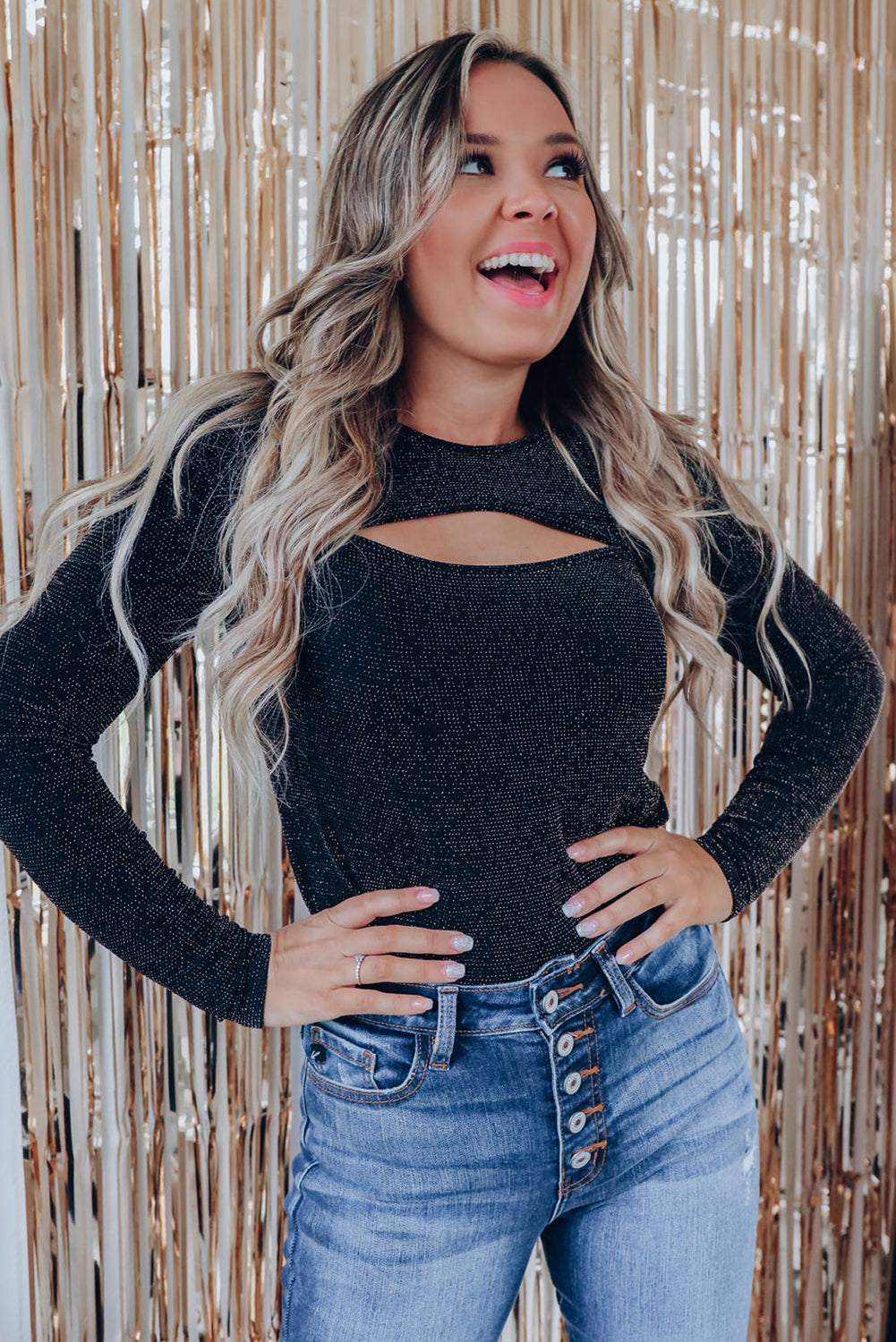 Metallic Sparkle Knit Round Neck Cut Out Front Long Sleeve Top 12
