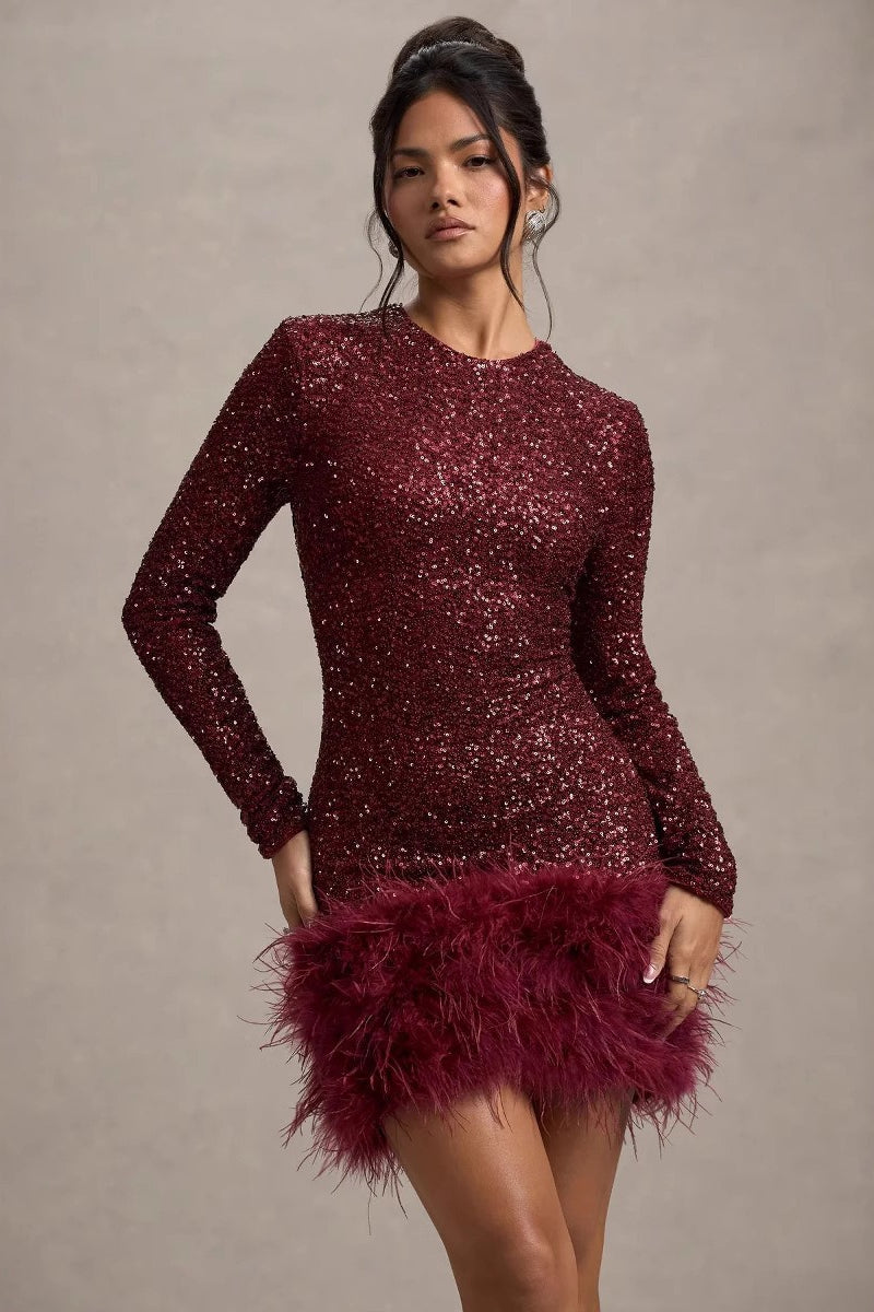 Sequin Crew Neck Long Sleeve Feather Trim Bodycon Mini Dress