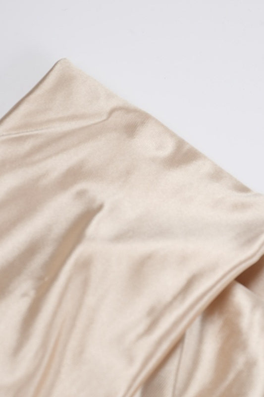 Satin Asymmetric Off Shoulder Ruched Draped High Split Maxi Party Gown