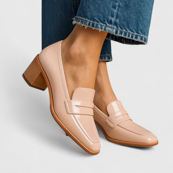 Patent Finish Square Toe Stacked Block Heel Penny Loafers