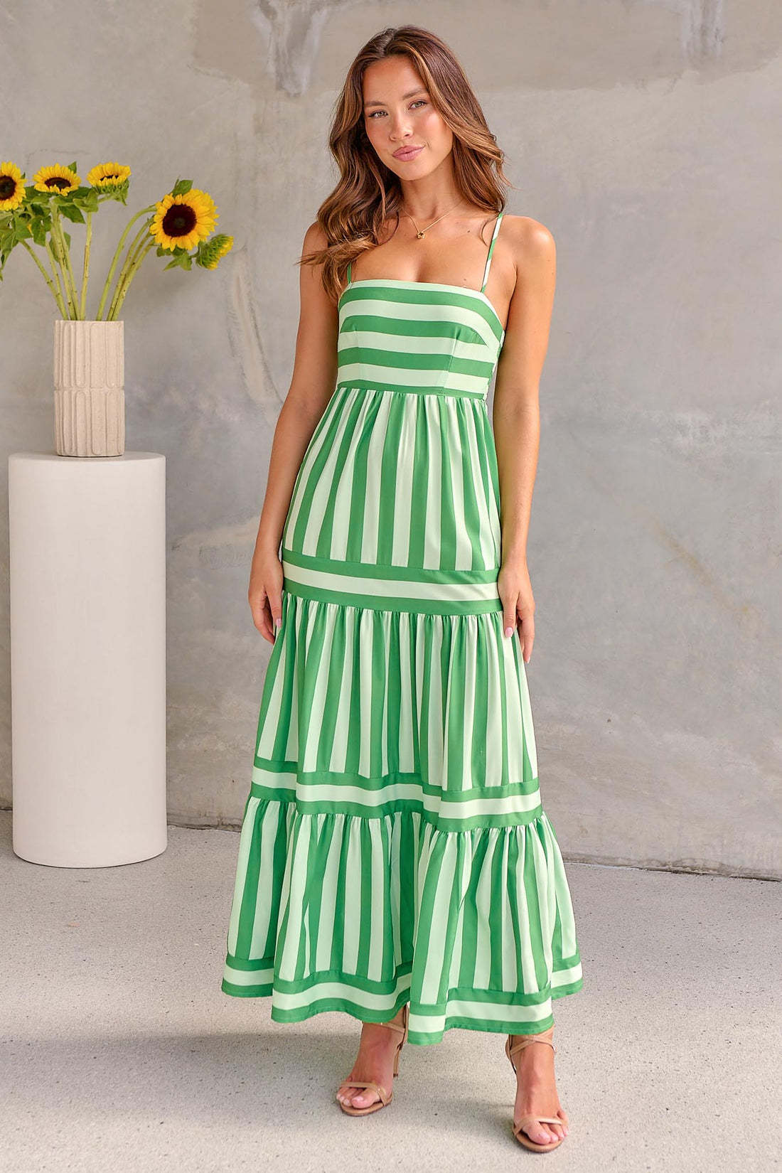 Mia | Striped Maxi Dress with Straps and Pockets Green