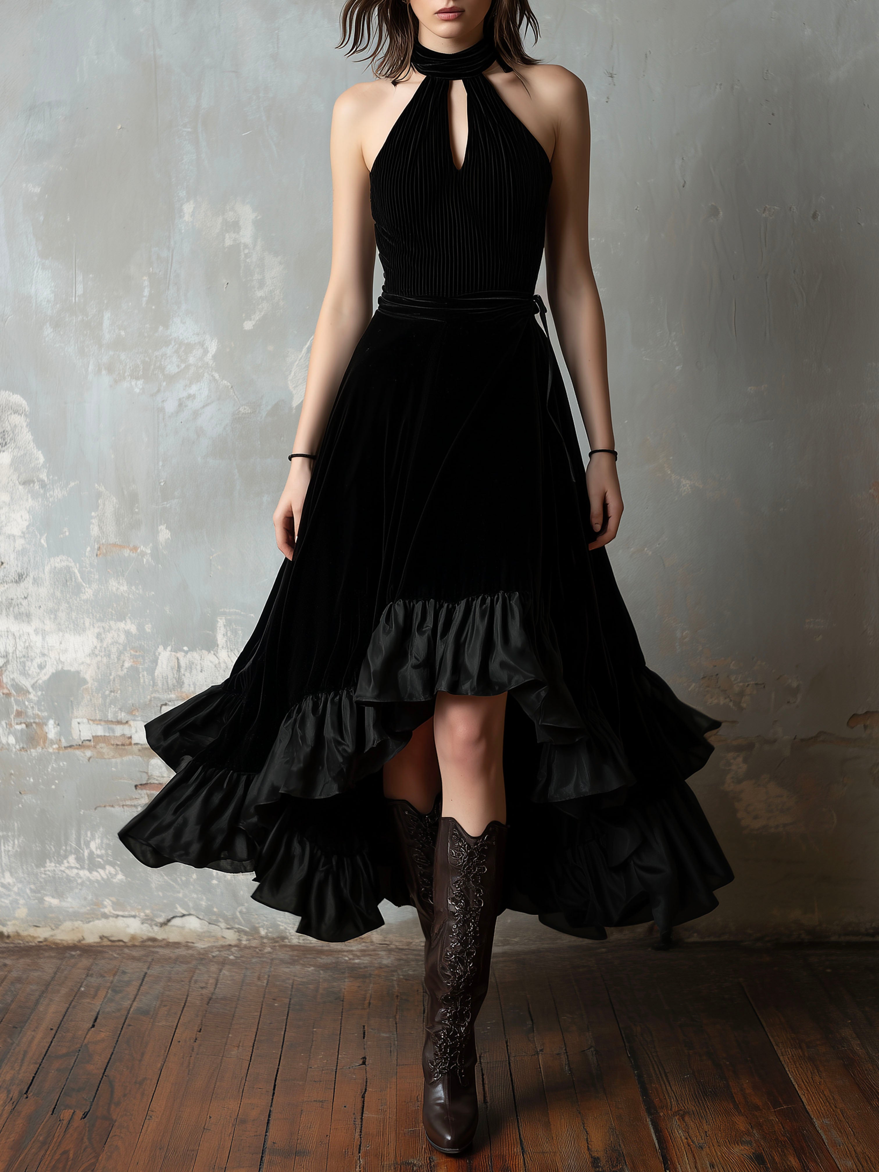 Halter Keyhole Neckline Velvet High-Low Dress With Ruffled Hem