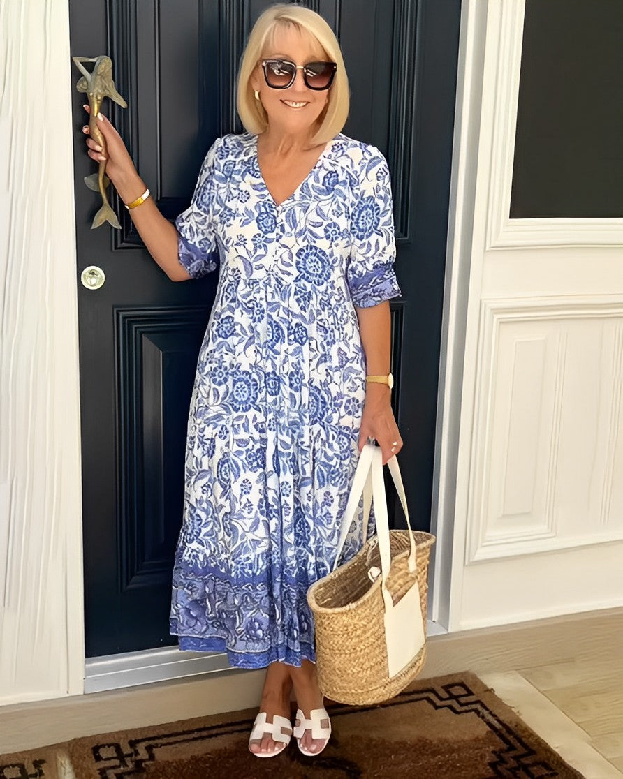 Floral Print V-Neck Puff Sleeve Tiered Maxi Dress
