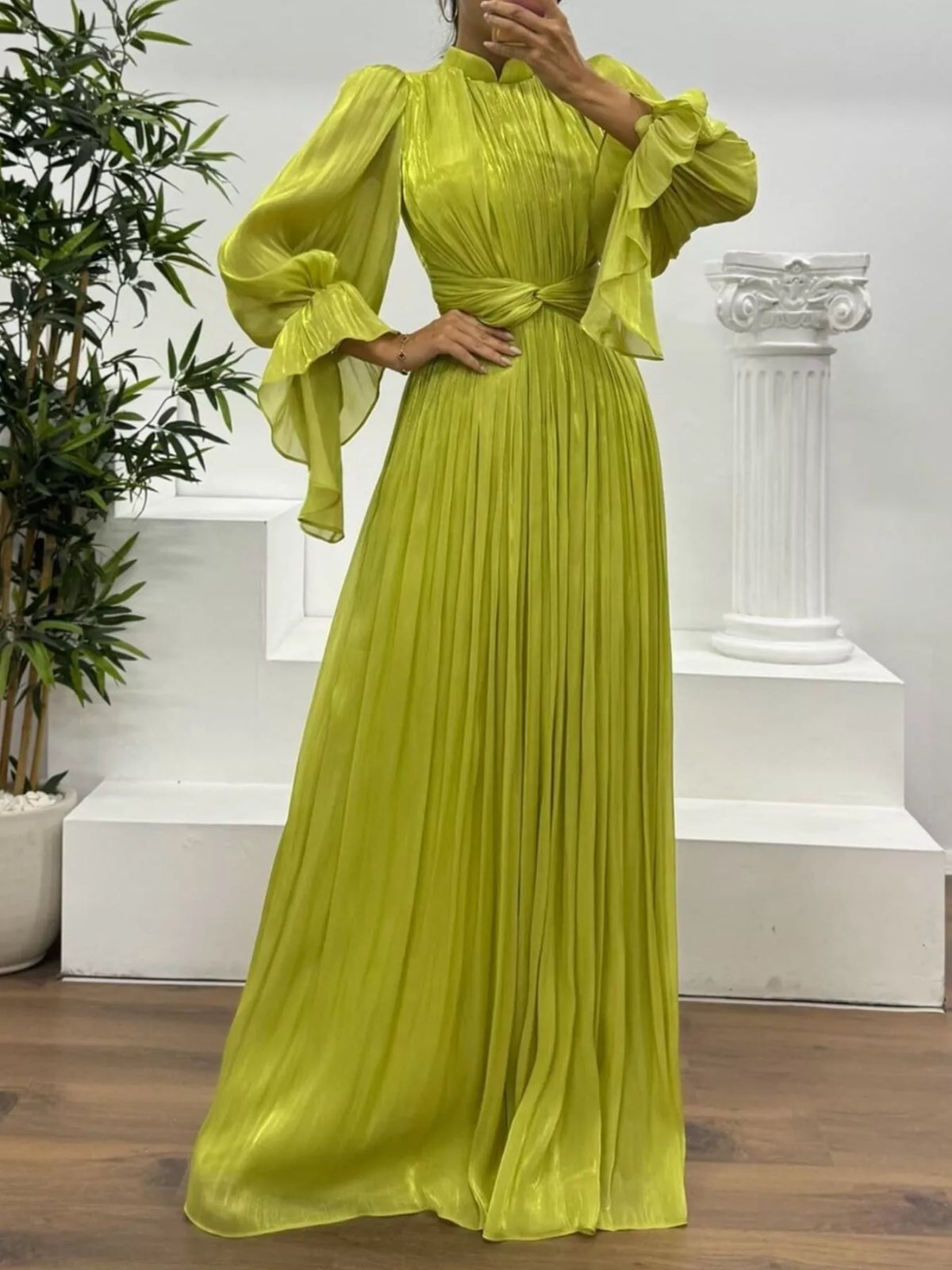 Pleated Satin Mock Neck Flared Bell Sleeve Twist Waist Maxi Gown 5