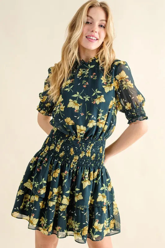 Floral Print Mock Neck Puff Sleeve Smocked Waist Tiered Mini Dress 2