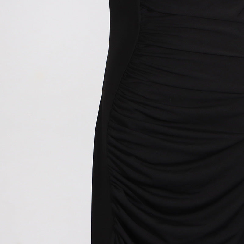 Draped Cowl Neck Asymmetric Ruched High Split Maxi Dress 6