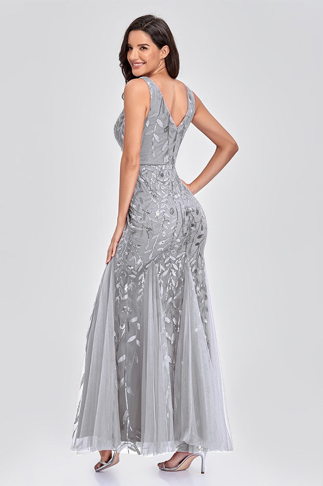 Sequin V-Neck Embroidered Mermaid Maxi Prom Dress