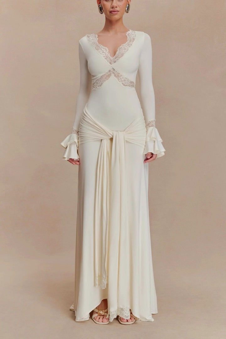 Off Shoulder Bell Sleeve Lace Trim Wrap Mermaid Maxi Dress