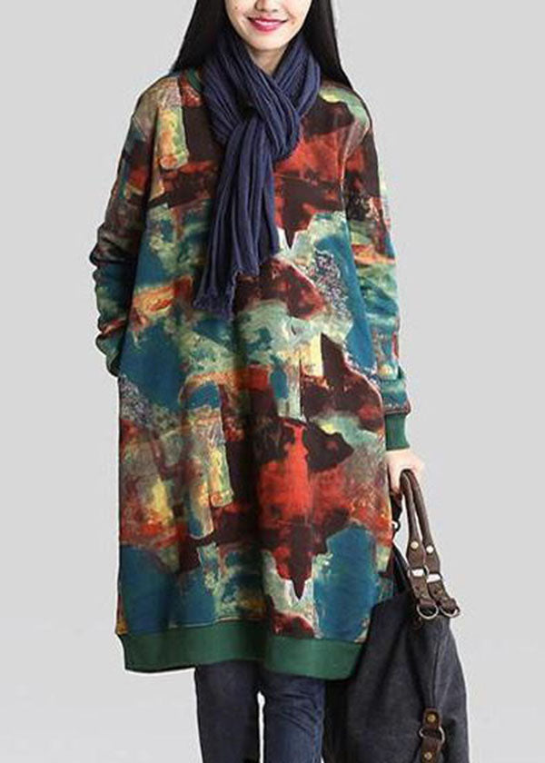 Abstract Print Round Neck Long Sleeve Ribbed Cuff Pocket Sweatshirt Dress