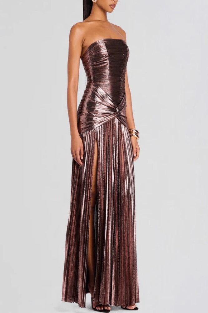 Metallic Strapless Ruched High Split Bodycon Formal Mini Dress