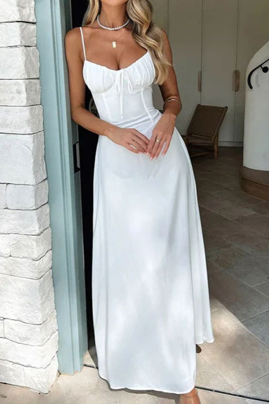 Satin Spaghetti Strap Sweetheart Tie Front Mermaid Maxi Dress
