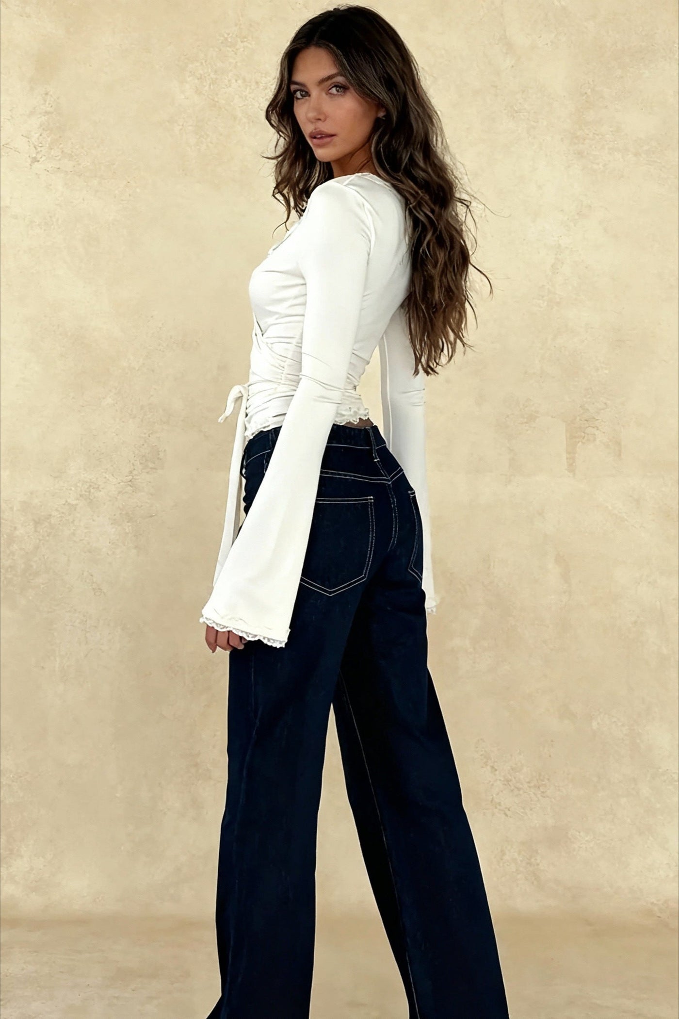 Lace Paneled V-Neck Tie-Waist Long-Sleeve Slim Knit Top