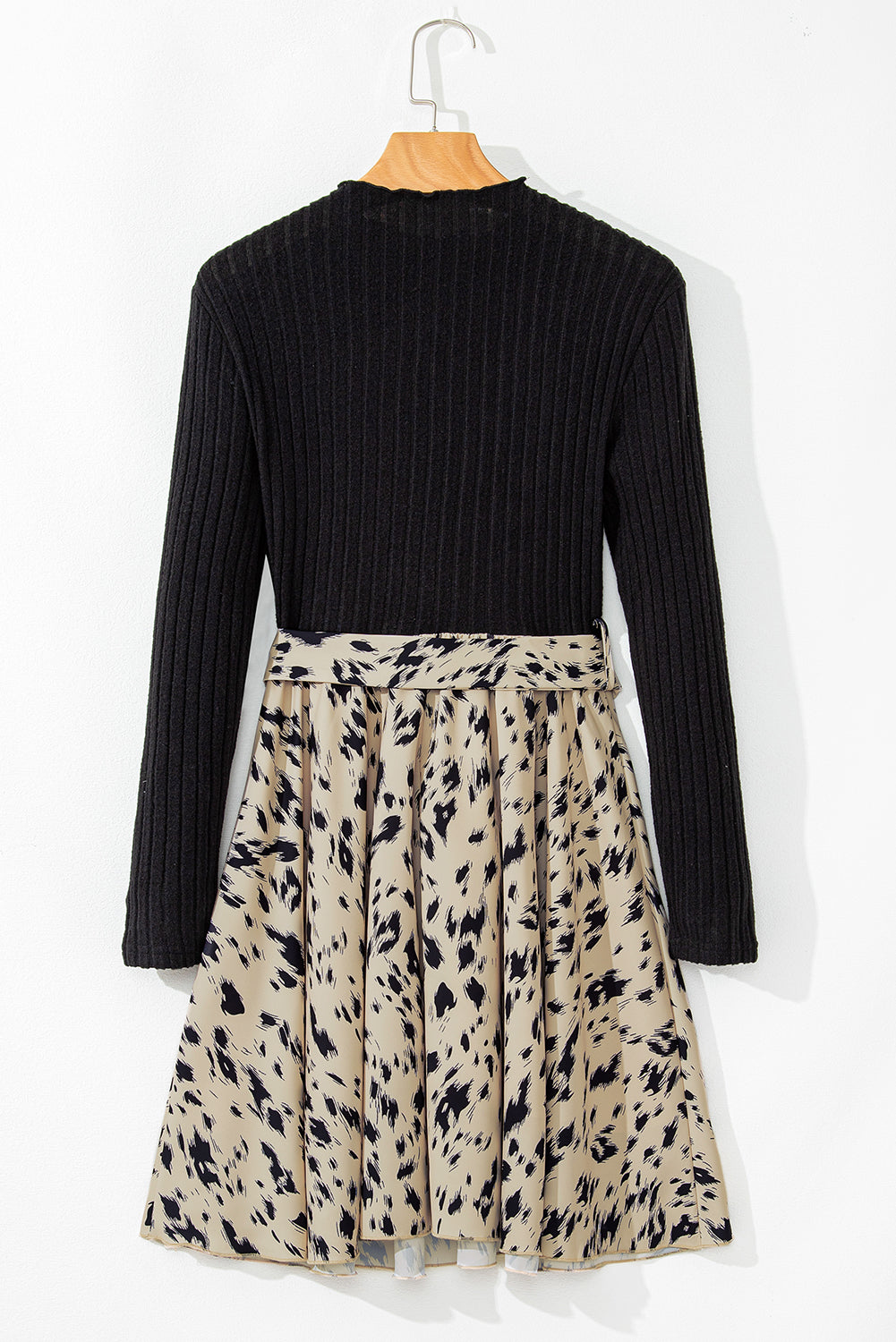 Black Ribbed Knit Patchwork Printed Belted A - line Dress