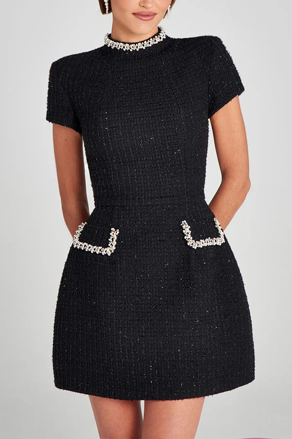 Pearl Trim Short Sleeve Tweed Boucle Mini Dress