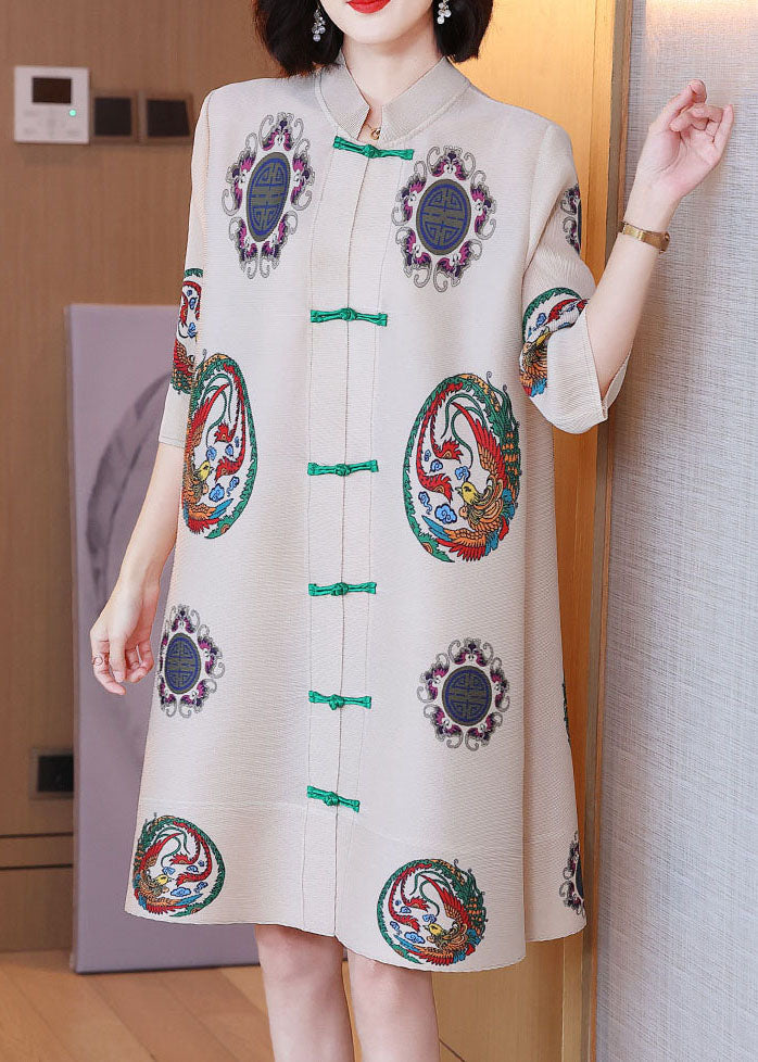 Pleated Mandarin Collar Frog Closure Phoenix Print Three Quarter Sleeve A-Line Midi Dress