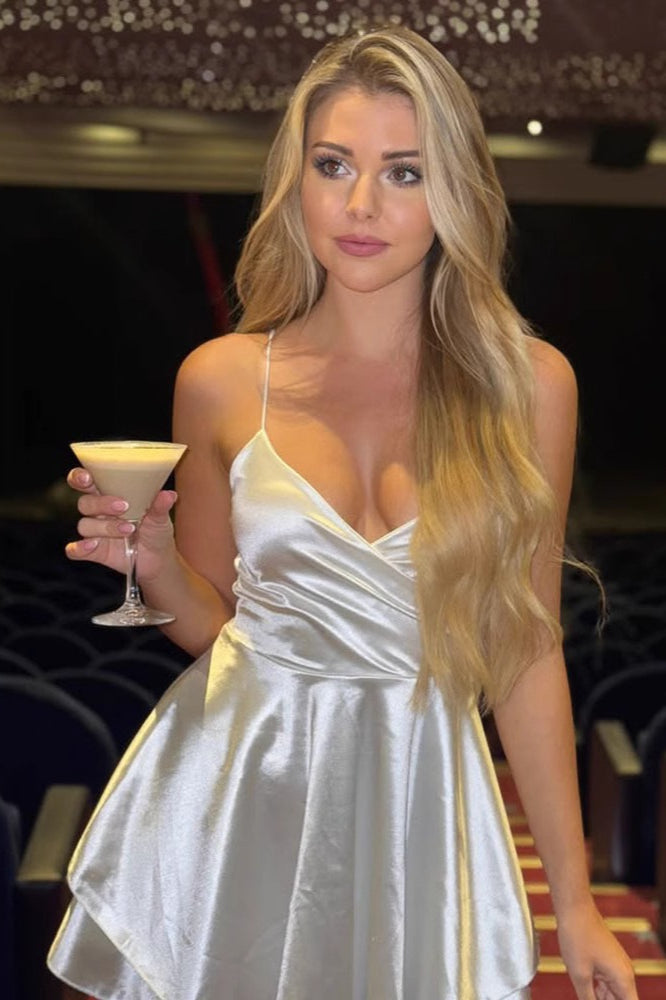 V-Neck High Waist A-Line Silk Dress