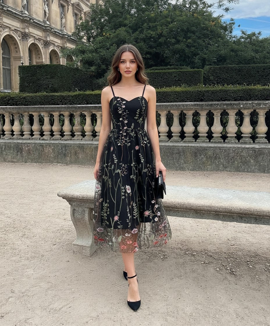Floral Embroidered Tulle Sweetheart Spaghetti Strap Fit and Flare Midi Dress