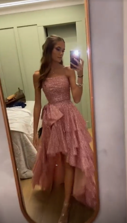 Chic Pink High Low Strapless Long Prom Dress Sequin Layered Party Gown Evening Dress cc1499