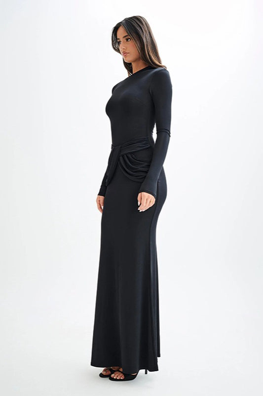 Crew Neck Long Sleeve Draped Tie Waist Bodycon Maxi Dress 8