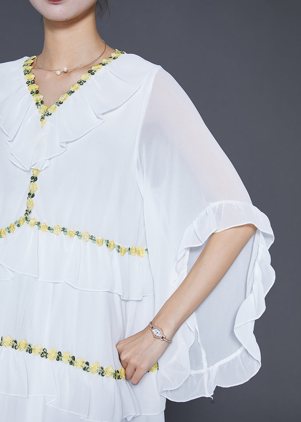 Chiffon V-Neck Ruffle Butterfly Sleeve Tiered Floral Embroidery Maxi Dress