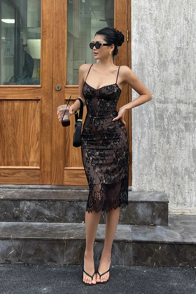 Lace Strap Slim Midi Dress