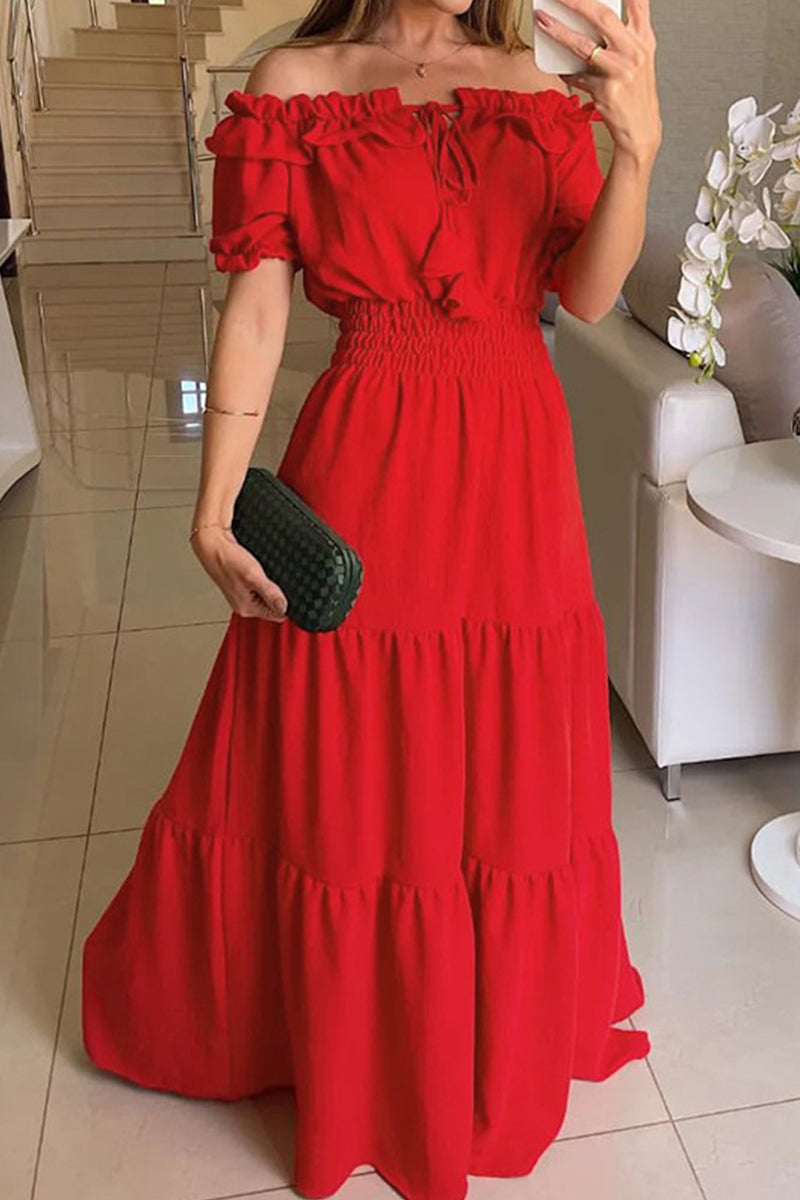 Off Shoulder Ruffle Smocked Waist Tiered Maxi Dress