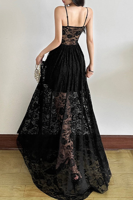 Sleeveless Ruffled Waist Maxi Lace Dress 8
