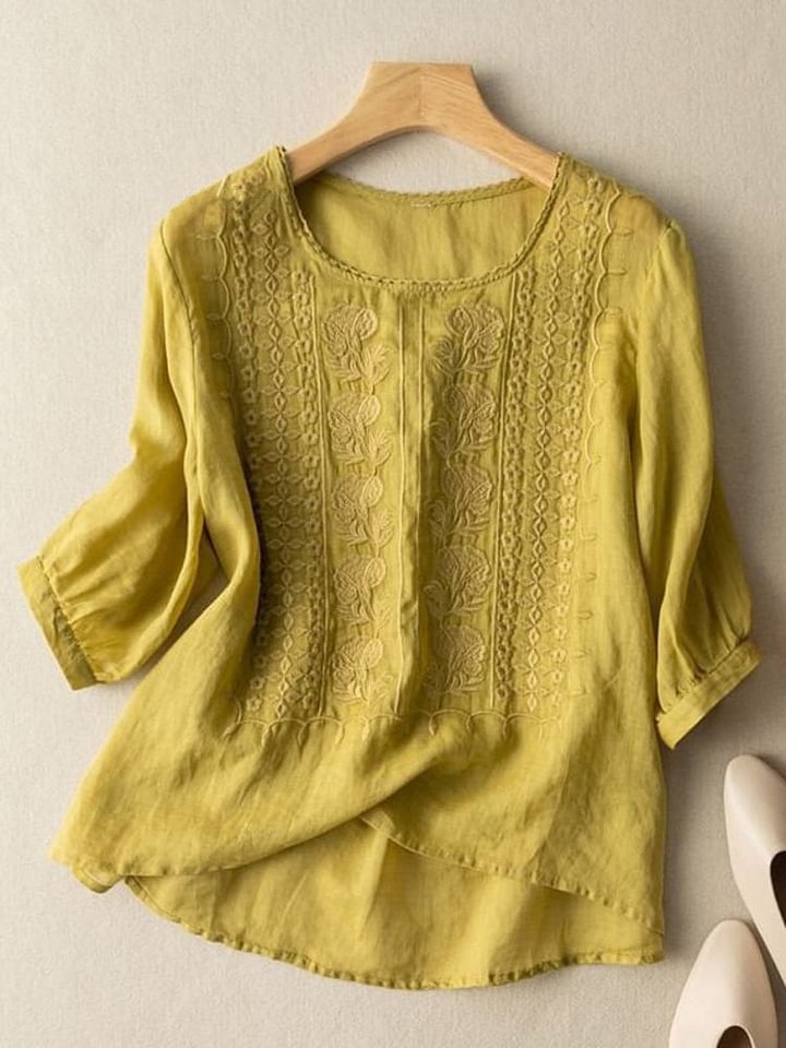 Round Neck Half Sleeve Floral Embroidered Linen Blouse