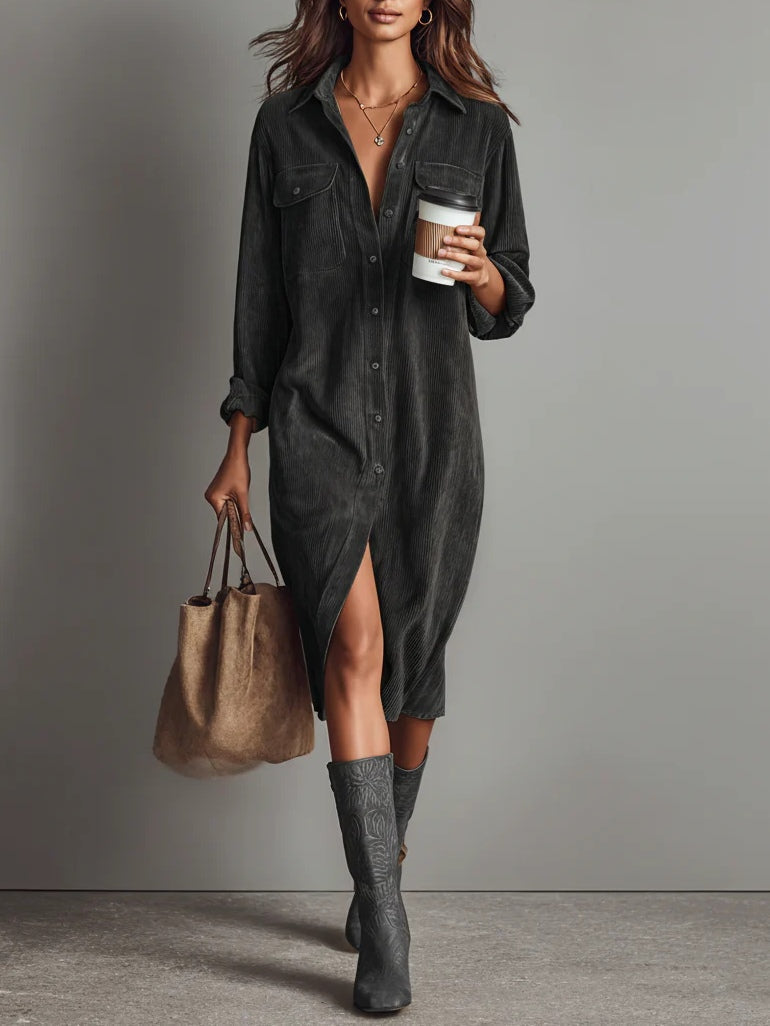 Corduroy Button Front Collared Long Sleeve Midi Shirt Dress