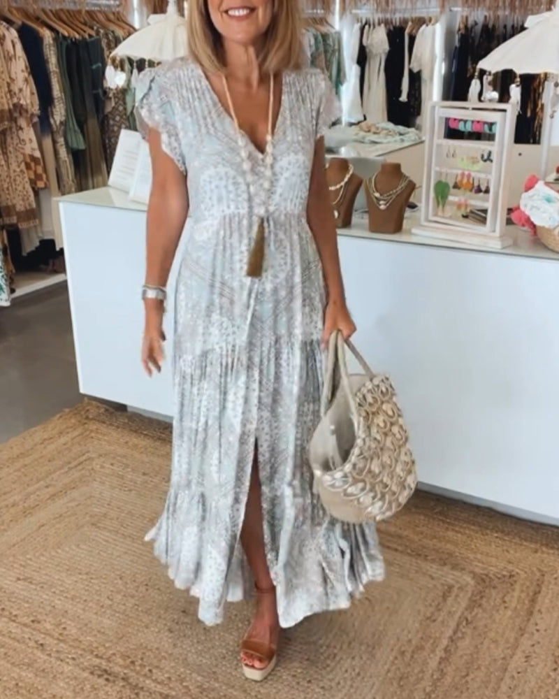 V-Neck Flutter Sleeve Buttoned Tiered Boho Maxi Dress
