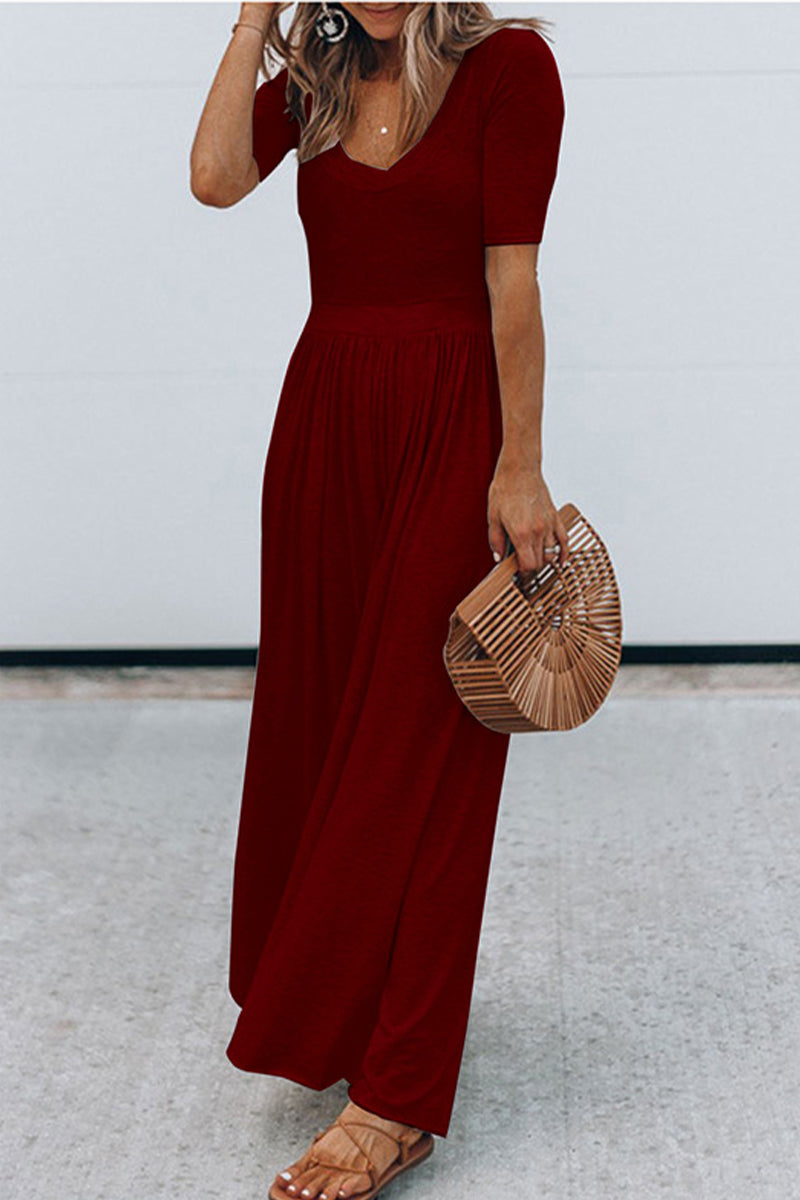 Round Neck Short Sleeve High Waist Long Jumpsuit