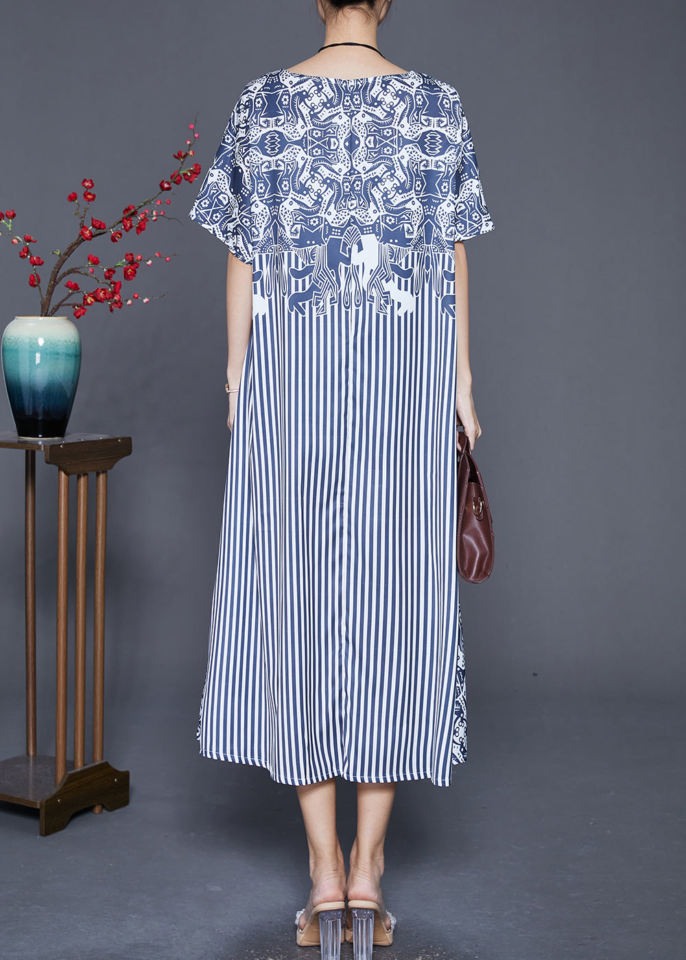 Mixed Print Folk Motif Vertical Stripe Patchwork Short Sleeve Round Neck Swing Midi Dress