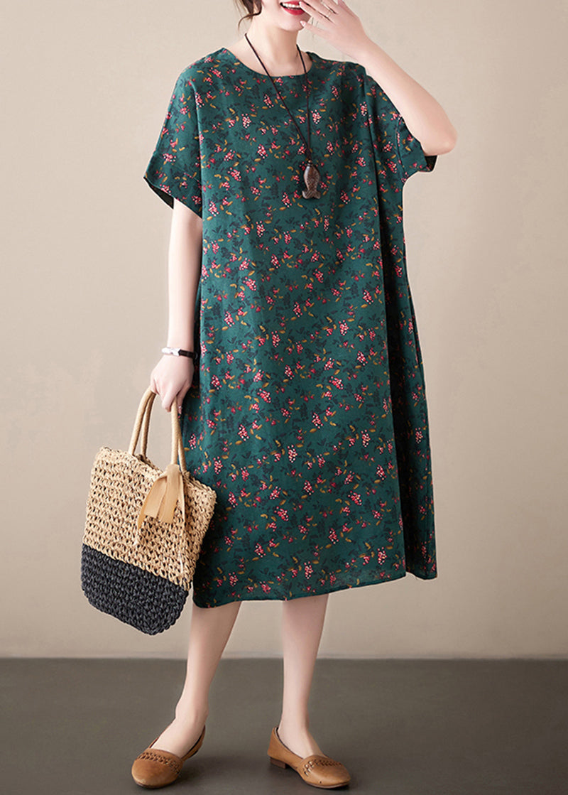 Ditsy Floral Print Crew Neck Short Sleeve Loose Shift Midi Dress